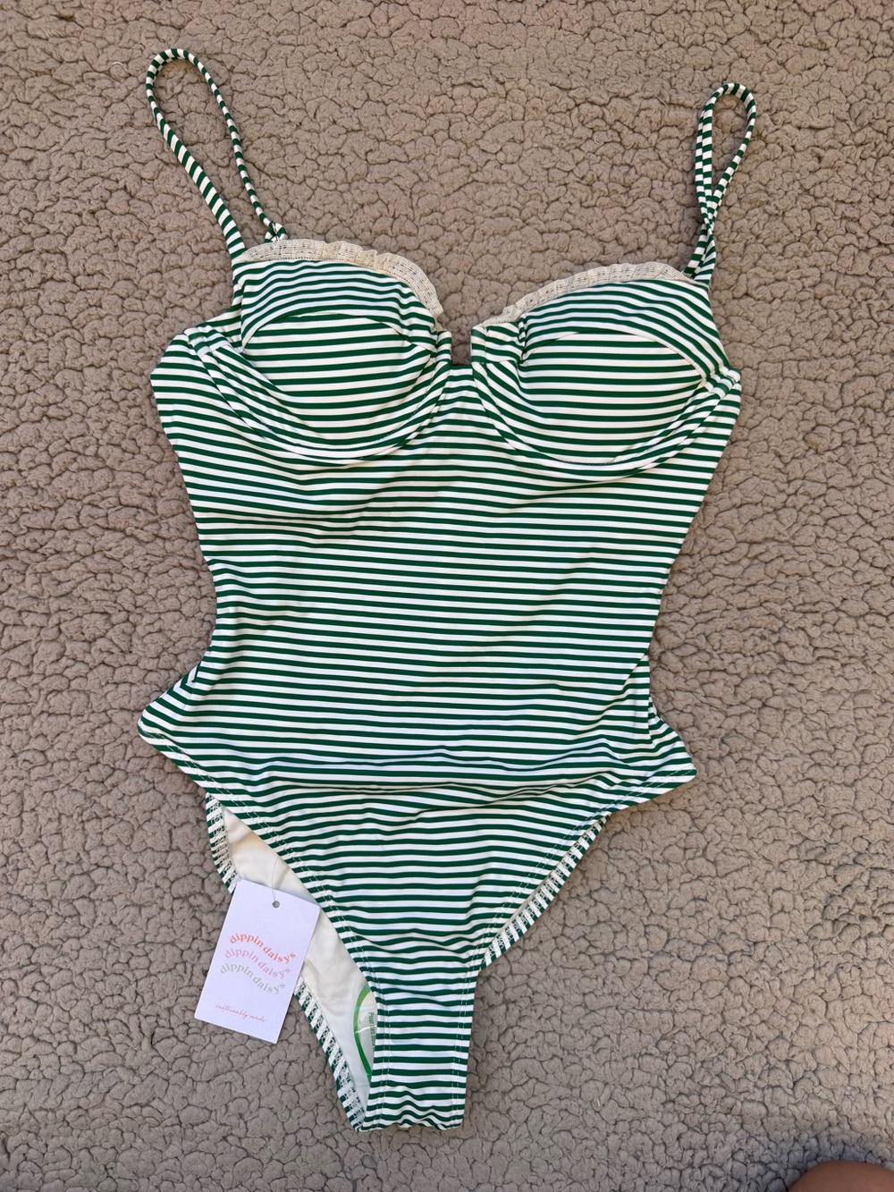 NWT Dippin' Daisy's Cream Swimwear with Green Stripe Trim